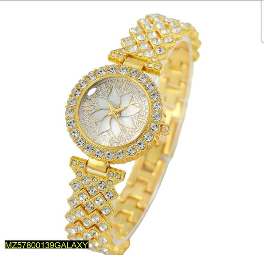 Women Golden Beads Chain Strap Watch Stainless Steel Round Dial