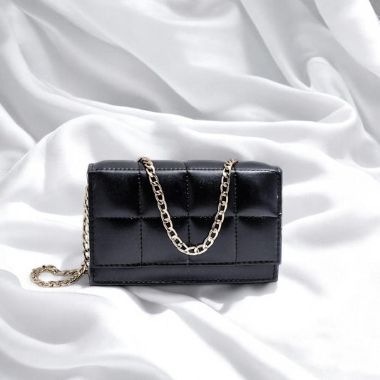 Black Quilted Crossbody Bag for Girls with Gold Chain Strap